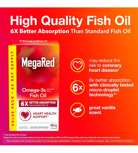 MegaRed Advanced 6X 800 mg Absorption EPA & DHA Omega 3 Fatty Acid 80 ct